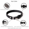 Features of our black leather cat collar. Shows details on ring adjustment, the keeper, the alternative clasp for a lighter pull force, and the magnetic breakaway feature.