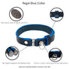 Features of our blue leather cat collar. Shows details on ring adjustment, the keeper, the alternative clasp for a lighter pull force, and the magnetic breakaway feature.