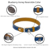 Features of  blue and tan reversible leather cat collar. Shows details on ring adjustment, the keeper, the alternative clasp for a lighter pull force, and the magnetic breakaway feature. 