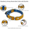 Features of our tan and blue reversible leather cat collar. Shows details on buckle adjustment, the keeper, and the magnetic breakaway feature.