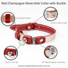Features of rose and red reversible leather cat collar. Shows details on buckle adjustment, the keeper, the ring hardware, and the magnetic breakaway feature.