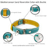 Features of  aqua and yellow reversible leather cat collar. Shows details on buckle adjustment, the keeper, the ring, and the magnetic breakaway feature.