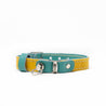 Yellow and aqua reversible leather cat collar with a magnetic breakaway and buckle adjustment. Showing our simplified and lightweight design with minimal hardware.