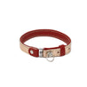 Rose and red reversible leather cat collar with a magnetic breakaway feature. Showing our simplified and lightweight design with minimal hardware.