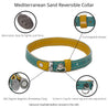 Features of  aqua and yellow reversible leather cat collar. Shows details on ring adjustment, the keeper, the alternative clasp for a lighter pull force, and the magnetic breakaway feature.